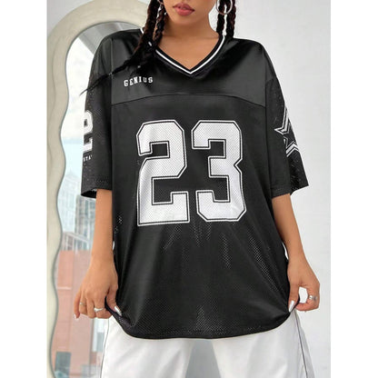 Women's Long Letter Pattern V-Neck T-Shirt