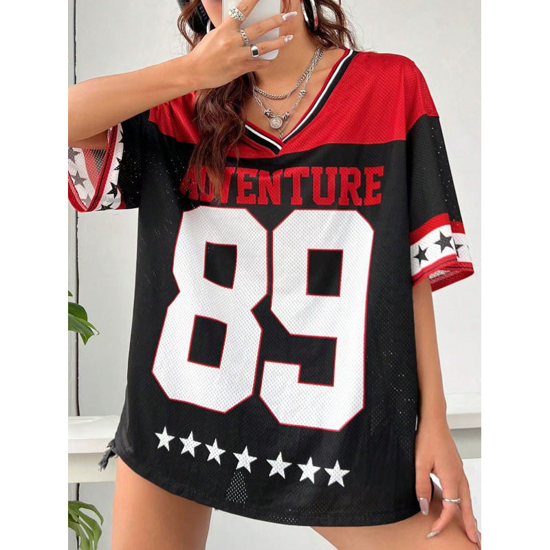 Women's Long Letter Pattern V-Neck T-Shirt