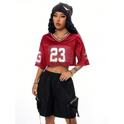 Women's Long Letter Pattern V-Neck T-Shirt