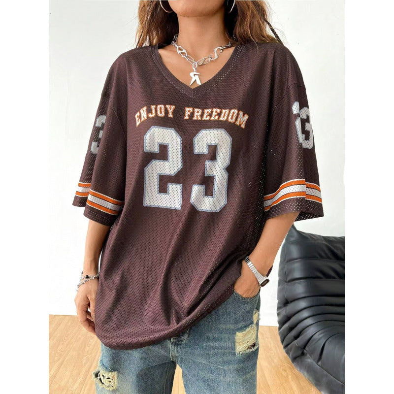 Women's Long Letter Pattern V-Neck T-Shirt