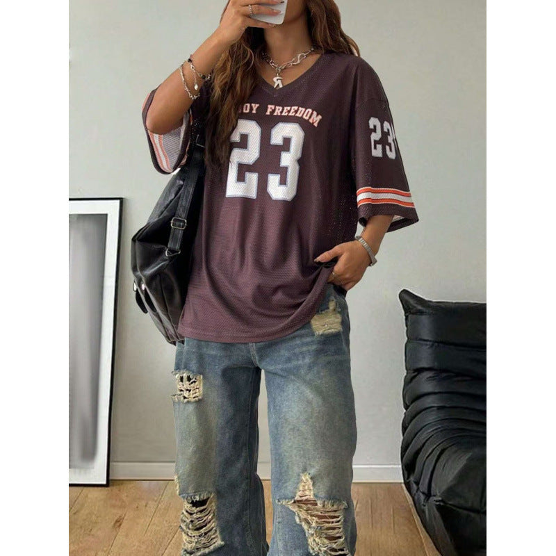 Women's Long Letter Pattern V-Neck T-Shirt