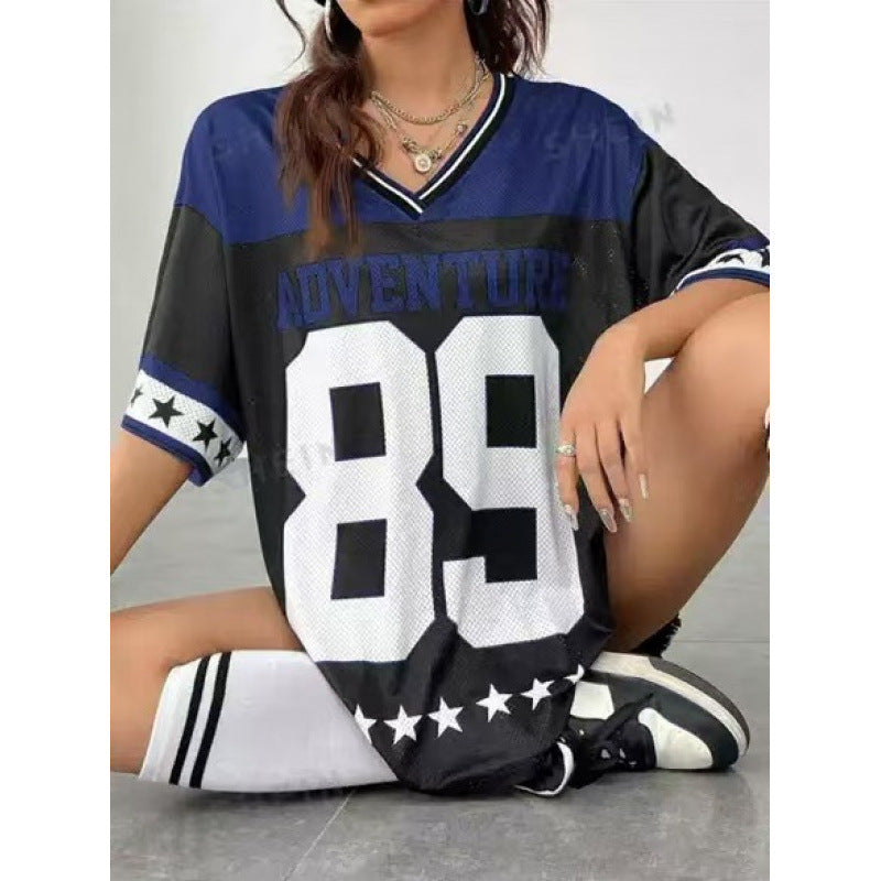 Women's Long Letter Pattern V-Neck T-Shirt