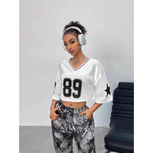 Women's Long Letter Pattern V-Neck T-Shirt