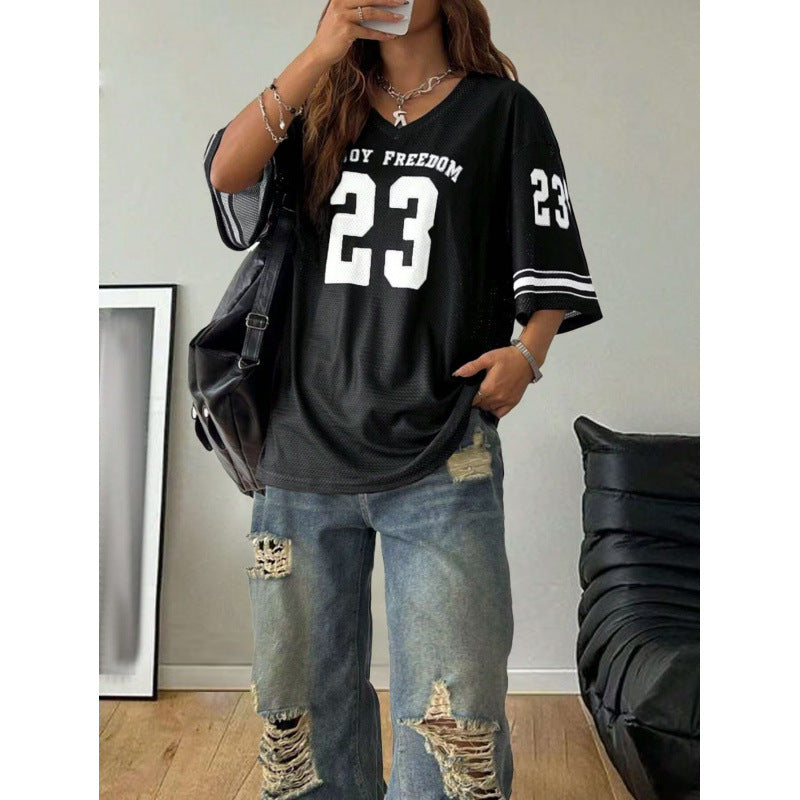 Women's Long Letter Pattern V-Neck T-Shirt