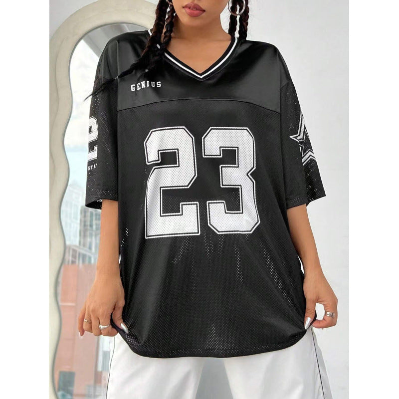 Women's Long Letter Pattern V-Neck T-Shirt