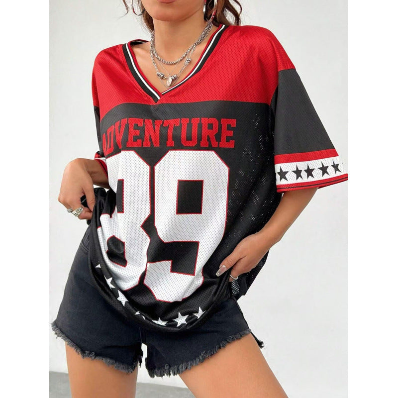 Women's Long Letter Pattern V-Neck T-Shirt