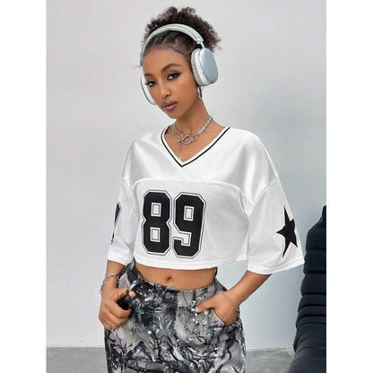 Women's Long Letter Pattern V-Neck T-Shirt